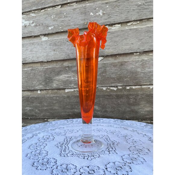 Vintage MCM Orange/Clear Ruffled Art Glass Pedestal Vase - Picture 10 of 10